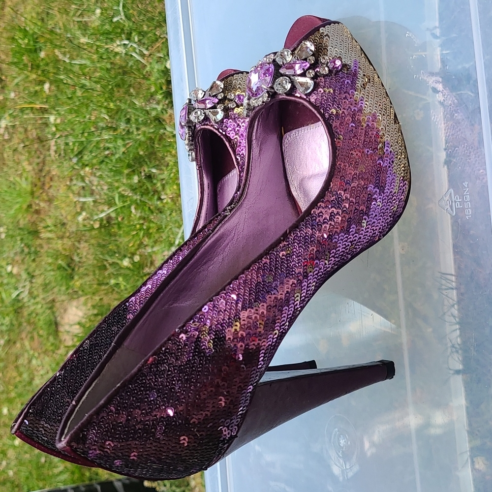 Purple and gold sequin peep toe heels with rhinestone embellishments 💜
